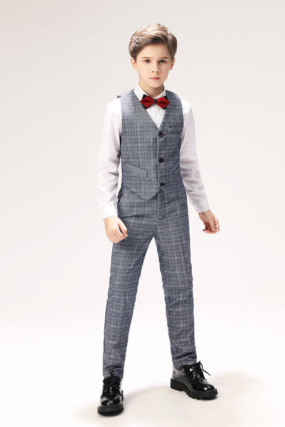 ly1261 Grey Plaid Formal Wedding 5 Piece Boys Suits