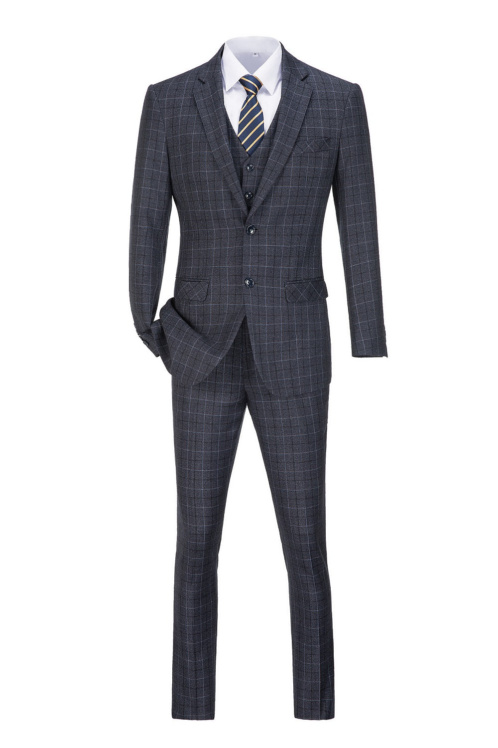 Dark Grey Plaid Men's 3 Piece Set for Party, Wedding and Business