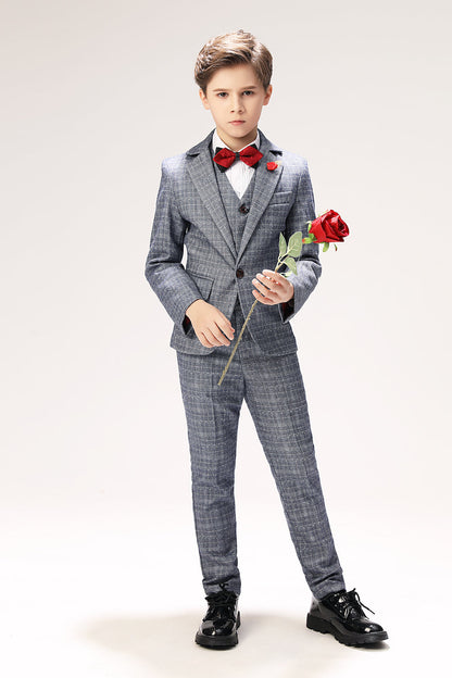 Grey Plaid Elegant 5 Piece Boys Suits