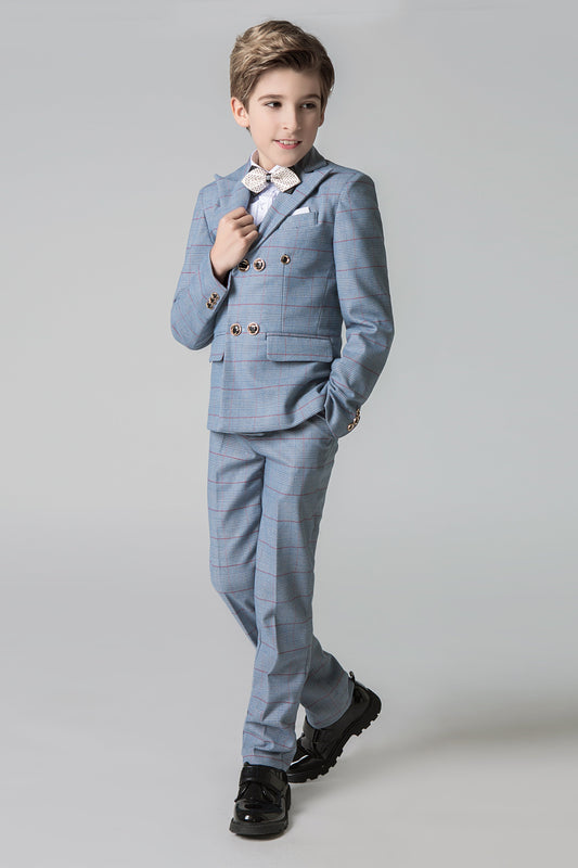 Light Blue Plaid Elegant Formal 5 Piece Boys Suits