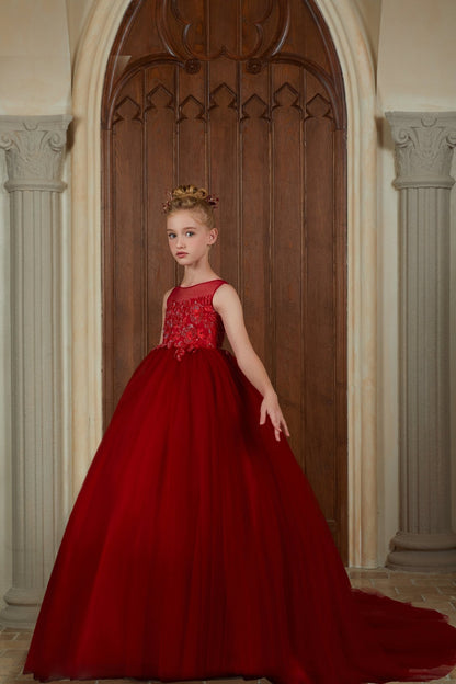 ly0524 Burgundy Chiffon Flower Girl Gown Long Dress For Wedding, Party, Occations - Lynerun